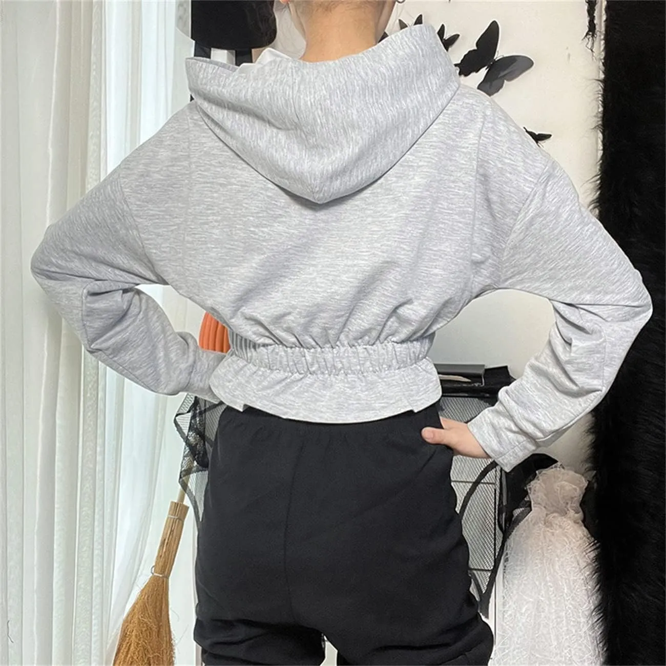 TOMETO STAR Women Gothic Punk Hoodies Bandage Crop Tops Long Sleeve Pullover Sweatshirt for Rave Festivals Streetwear