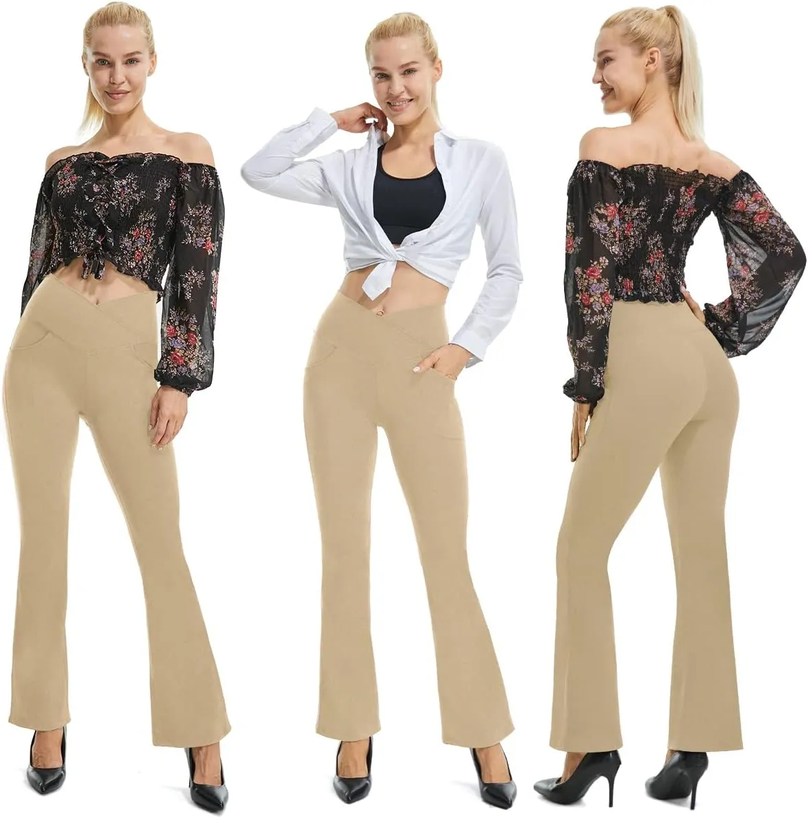 TOPYOGAS Womens Casual Flare Leggings with Pocket Bootleg Yoga Pants Crossover Hight Waisted Workout Pants