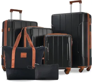 Travel Solution with 6-Piece Luggage Set, Expandable with Wheels, Durable Hard Shell, Black Brown