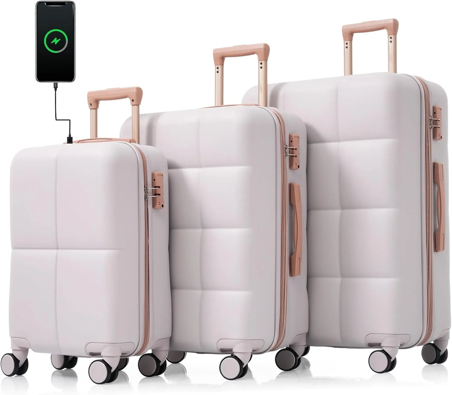 Travel with Luggage Set of 3, 20-inch with USB Port, Durable ABS Hard Shell, Grey