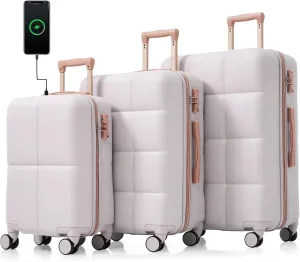 Travel with Luggage Set of 3, 20-inch with USB Port, Durable ABS Hard Shell, Grey