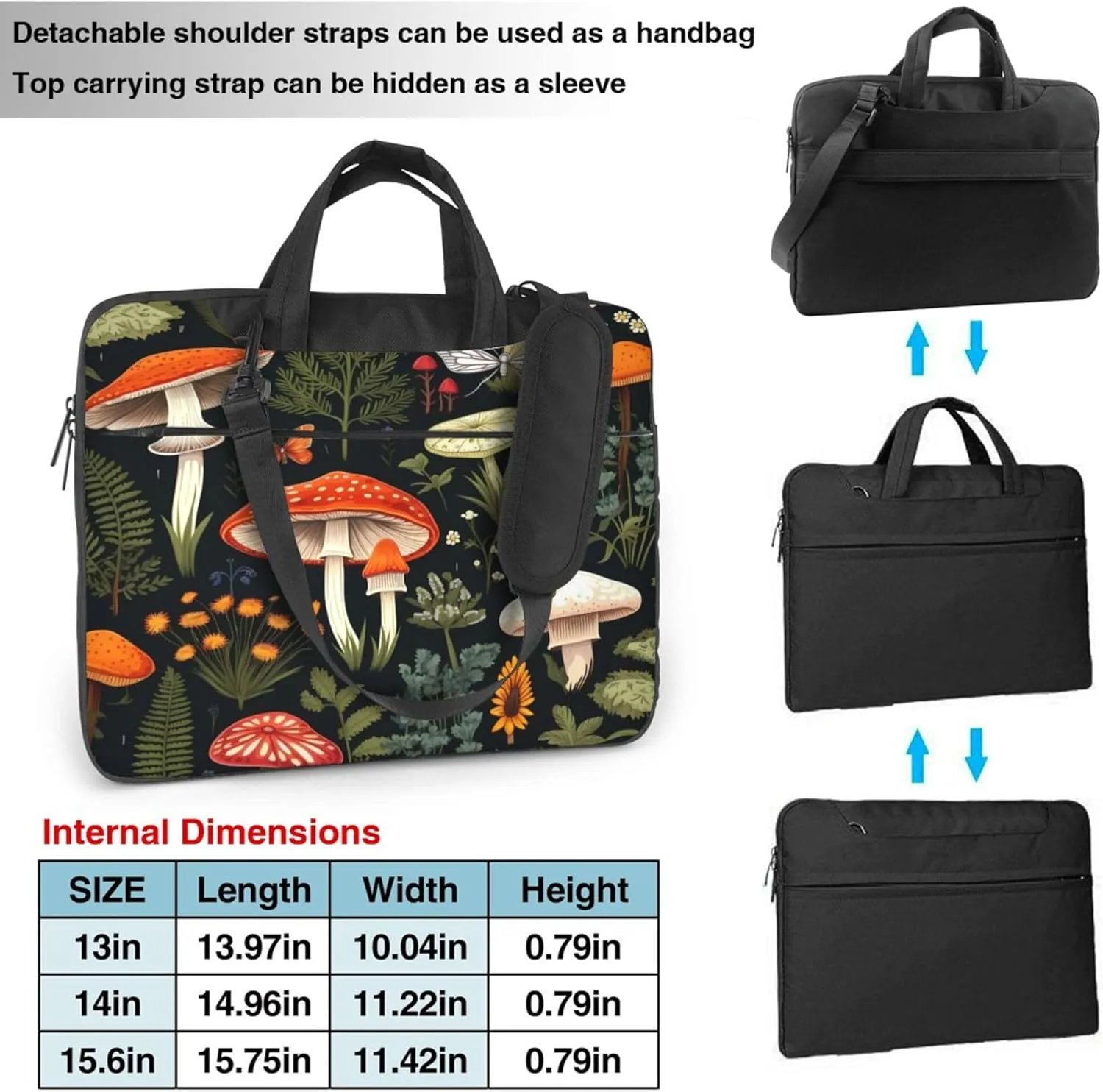 Tropical Mushrooms Laptop Shoulder Bag for Women, Butterfly Leaves Laptop Sleeve Case Durable Computer Bag