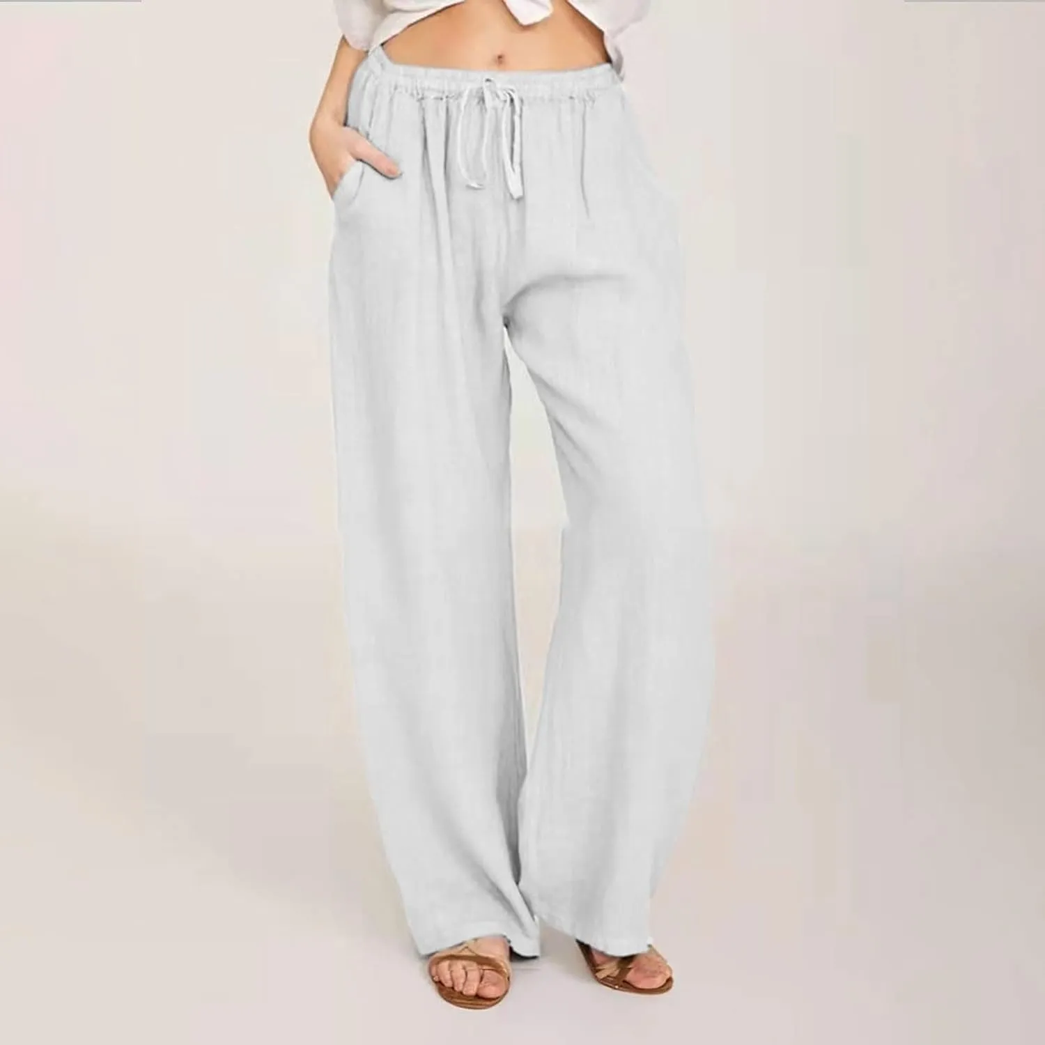TUNUSKAT Womens Wide Leg Linen Pants Summer High Waist Cotton Palazzo Trousers Lounge Flowy Boho Slacks Beach Travel Outfits