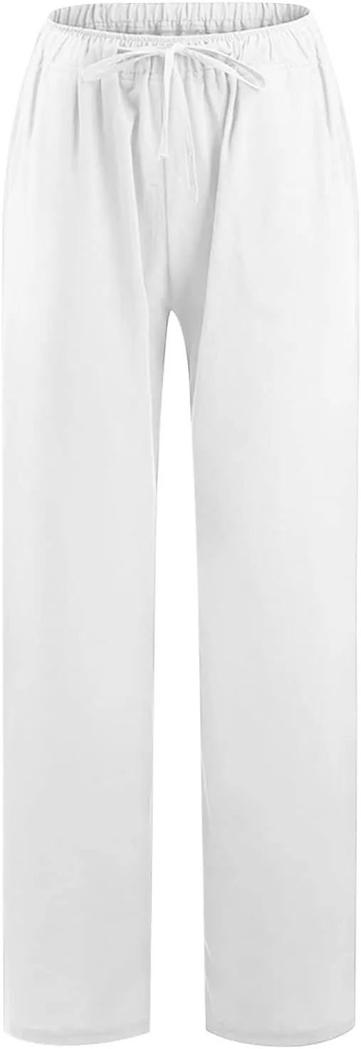TUNUSKAT Womens Wide Leg Linen Pants Summer High Waist Cotton Palazzo Trousers Lounge Flowy Boho Slacks Beach Travel Outfits