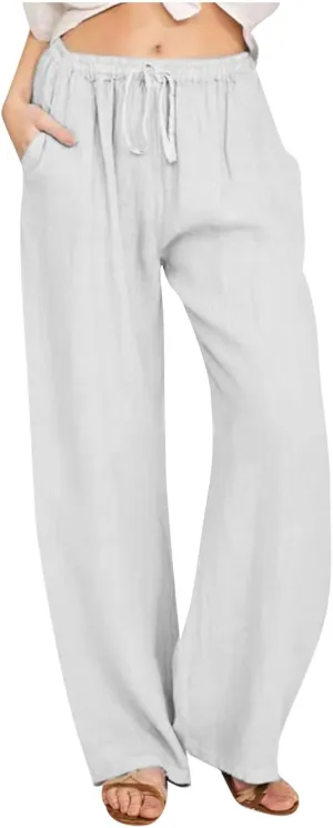 TUNUSKAT Womens Wide Leg Linen Pants Summer High Waist Cotton Palazzo Trousers Lounge Flowy Boho Slacks Beach Travel Outfits