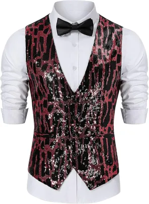 TURETRENDY Men's Shiny Sequins Vest V-Neck Slim Fit Stylish Vest Waistcoat with Pockets for Party Dinner Prom