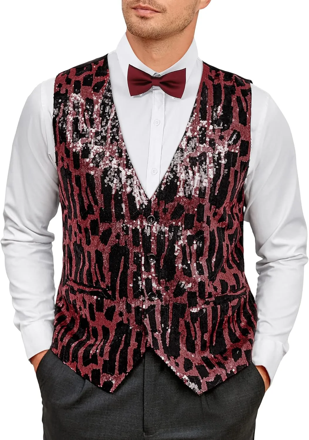 TURETRENDY Men's Shiny Sequins Vest V-Neck Slim Fit Stylish Vest Waistcoat with Pockets for Party Dinner Prom