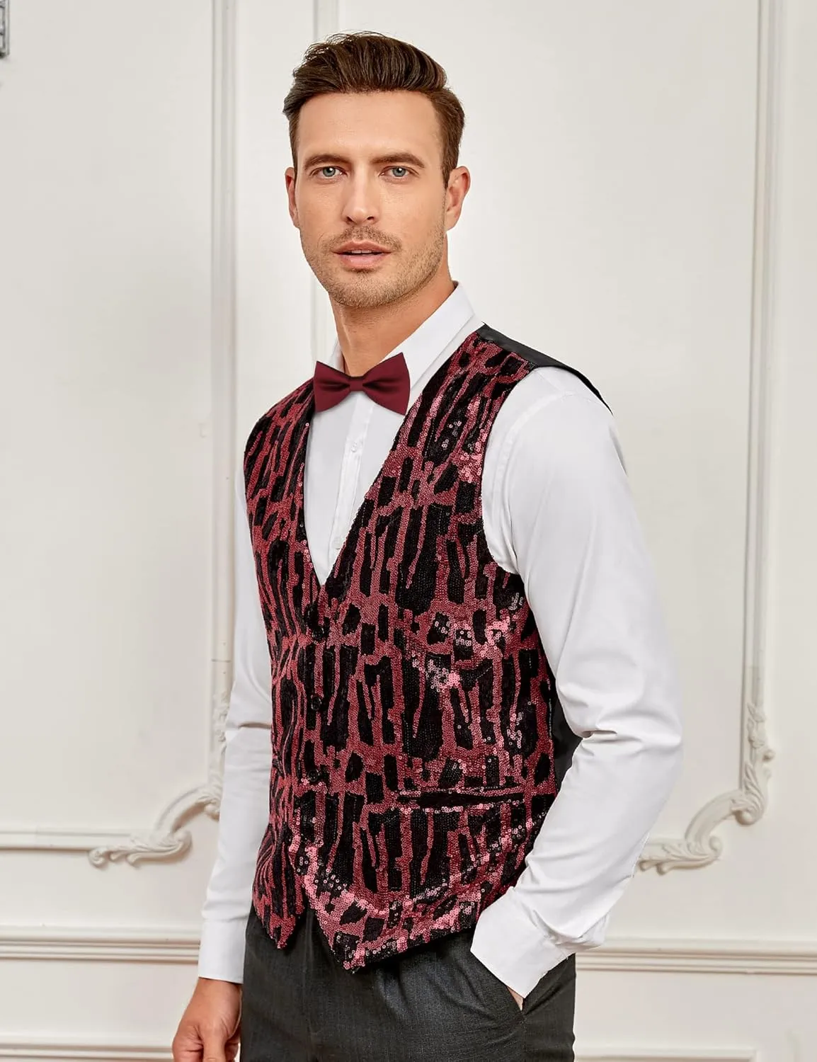 TURETRENDY Men's Shiny Sequins Vest V-Neck Slim Fit Stylish Vest Waistcoat with Pockets for Party Dinner Prom