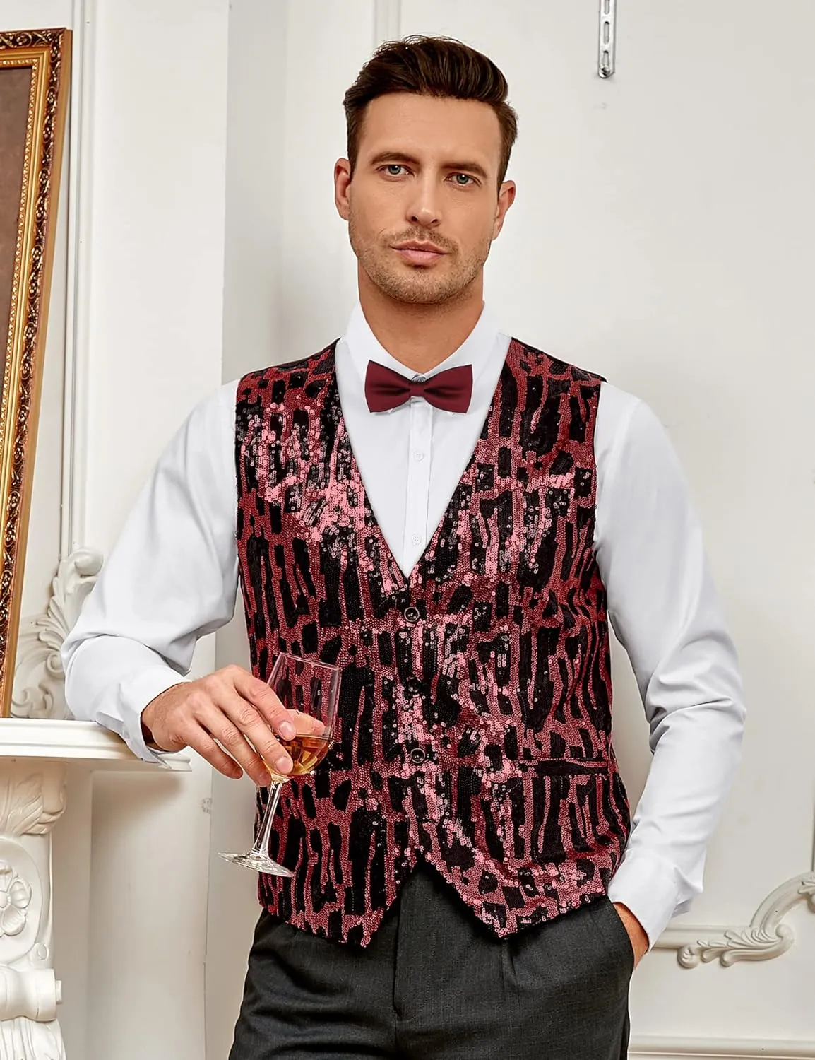 TURETRENDY Men's Shiny Sequins Vest V-Neck Slim Fit Stylish Vest Waistcoat with Pockets for Party Dinner Prom