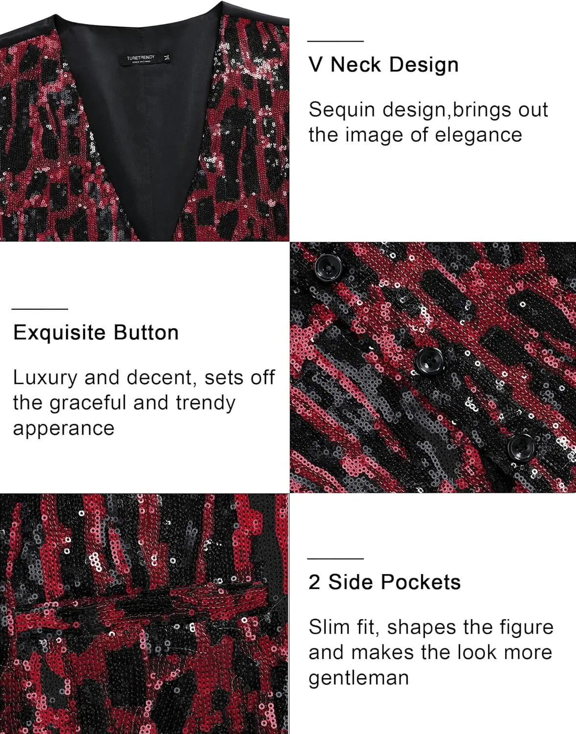 TURETRENDY Men's Shiny Sequins Vest V-Neck Slim Fit Stylish Vest Waistcoat with Pockets for Party Dinner Prom