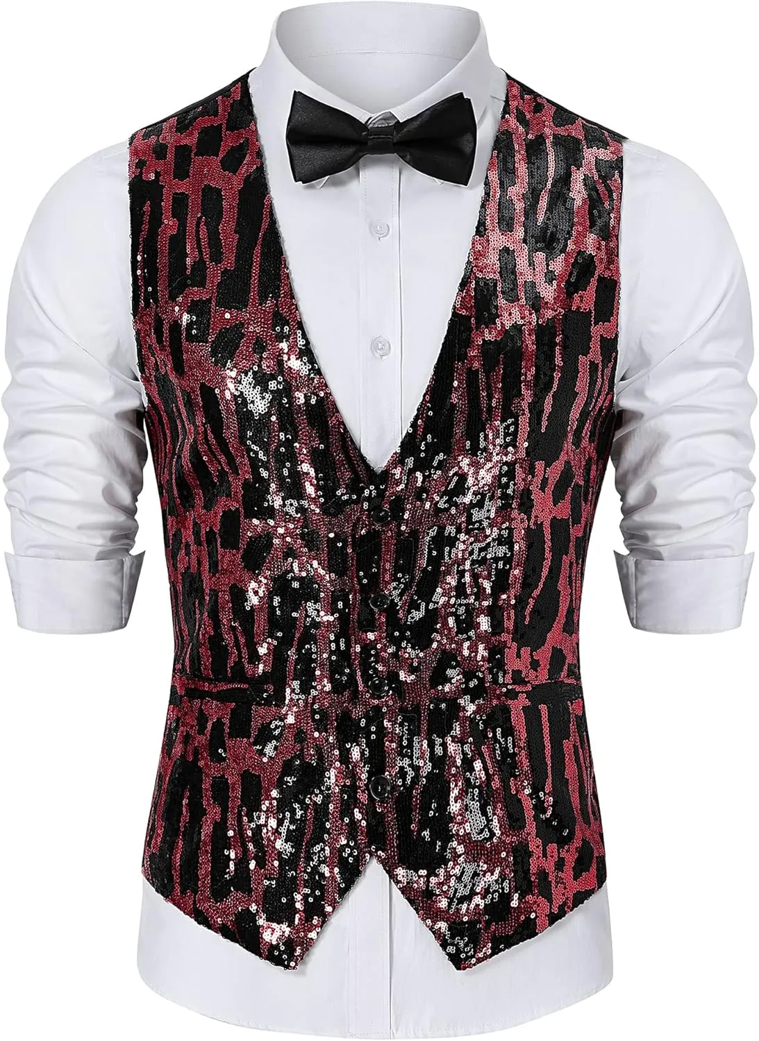 TURETRENDY Men's Shiny Sequins Vest V-Neck Slim Fit Stylish Vest Waistcoat with Pockets for Party Dinner Prom