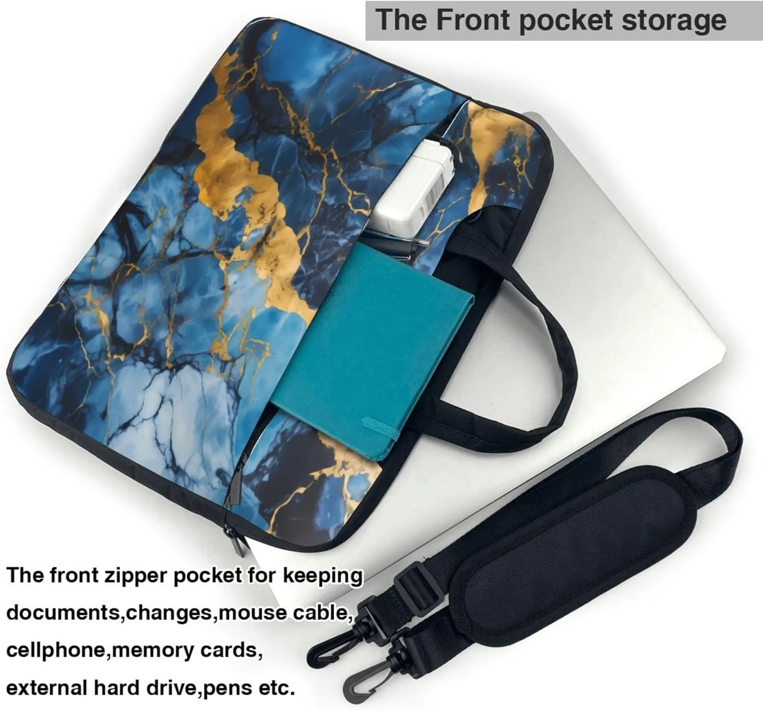 Turquoise Gold Marble Laptop Shoulder Bag for Women, Laptop Sleeve Case Durable Computer Bag