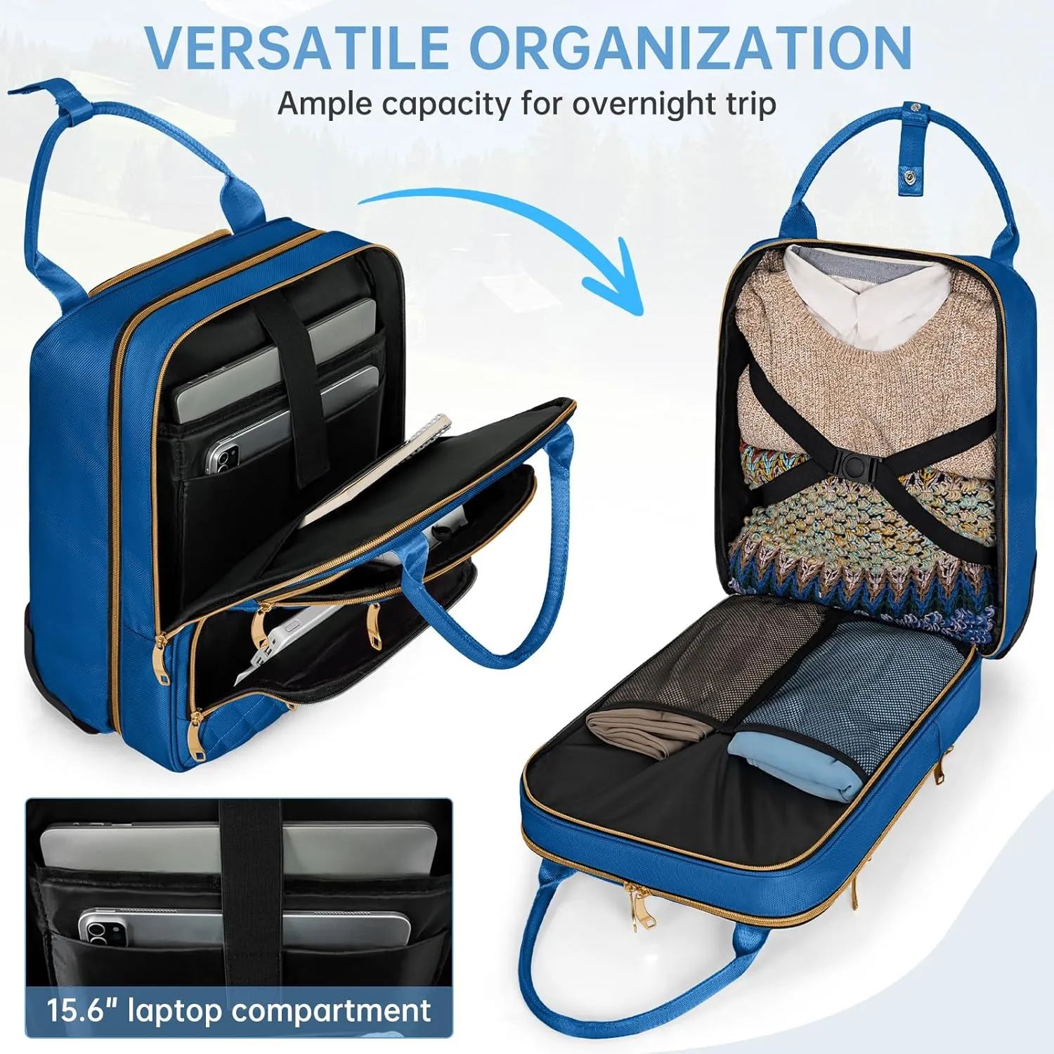 Underseat Carry On Luggage with Wheels, Stylish Lightweight Under Seat Luggage, Personal Item Suitcase with telescoping handles for Men Women, Pilots and Crew, Blue