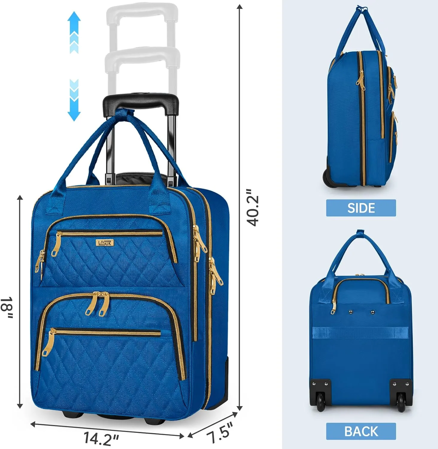 Underseat Carry On Luggage with Wheels, Stylish Lightweight Under Seat Luggage, Personal Item Suitcase with telescoping handles for Men Women, Pilots and Crew, Blue