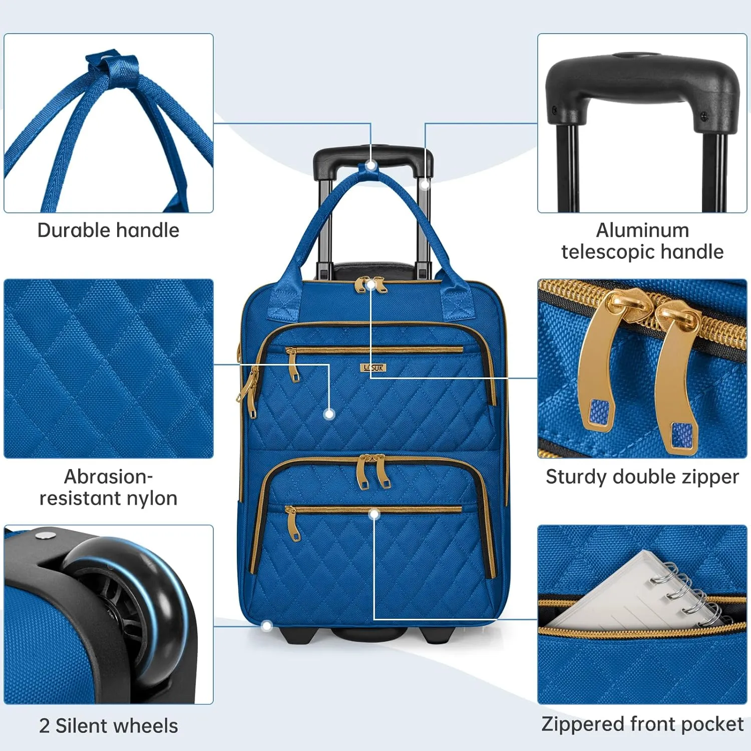 Underseat Carry On Luggage with Wheels, Stylish Lightweight Under Seat Luggage, Personal Item Suitcase with telescoping handles for Men Women, Pilots and Crew, Blue