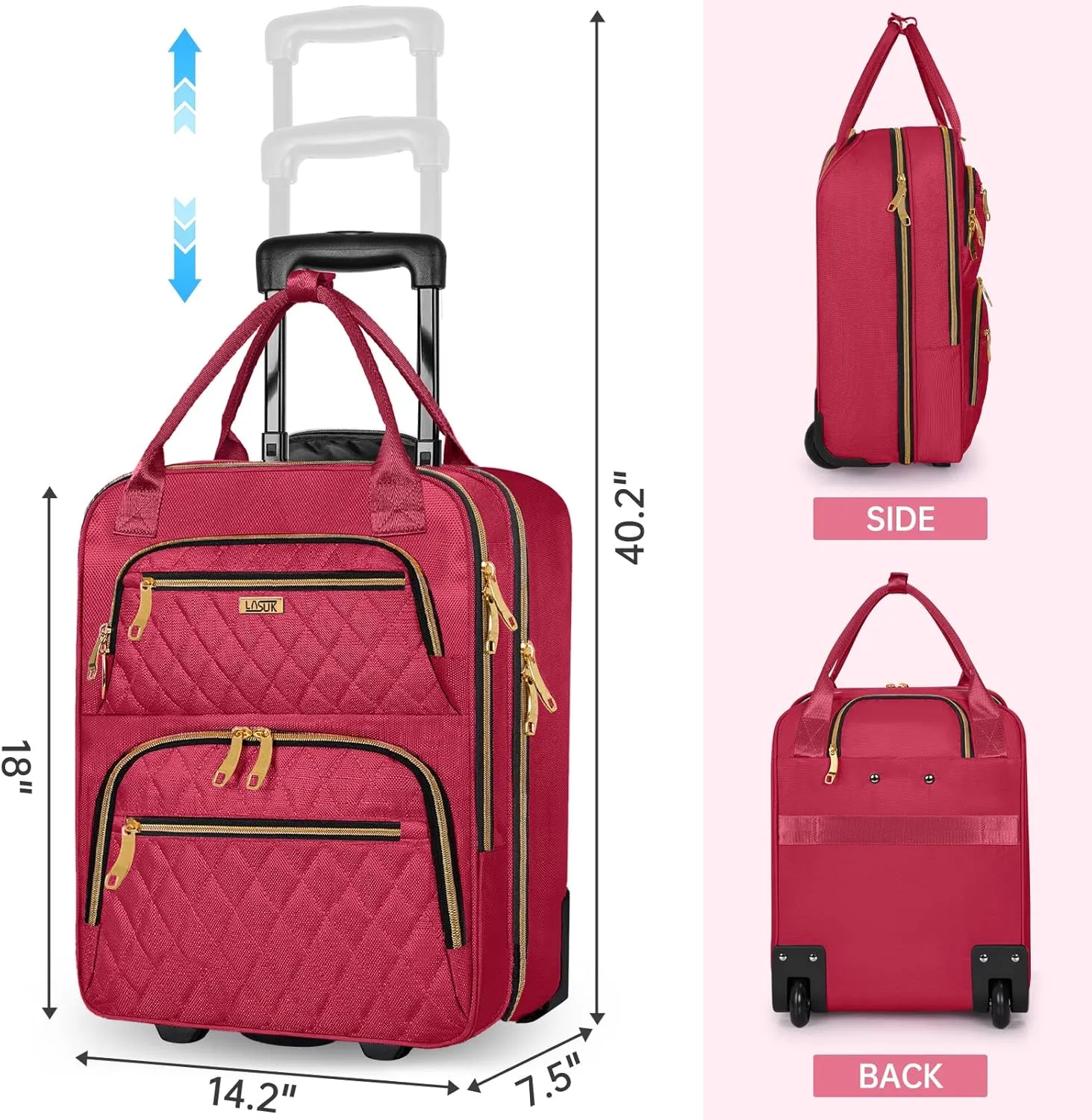 Underseat Carry On Luggage with Wheels, Stylish Lightweight Under Seat Luggage, Personal Item Suitcase with telescoping handles for Men Women, Pilots and Crew, Burgundy