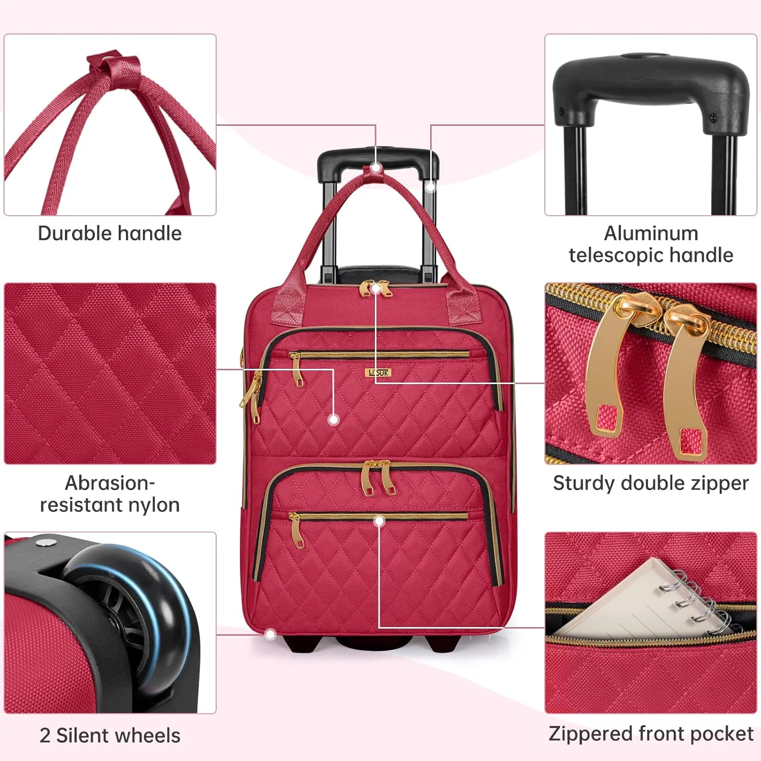 Underseat Carry On Luggage with Wheels, Stylish Lightweight Under Seat Luggage, Personal Item Suitcase with telescoping handles for Men Women, Pilots and Crew, Burgundy
