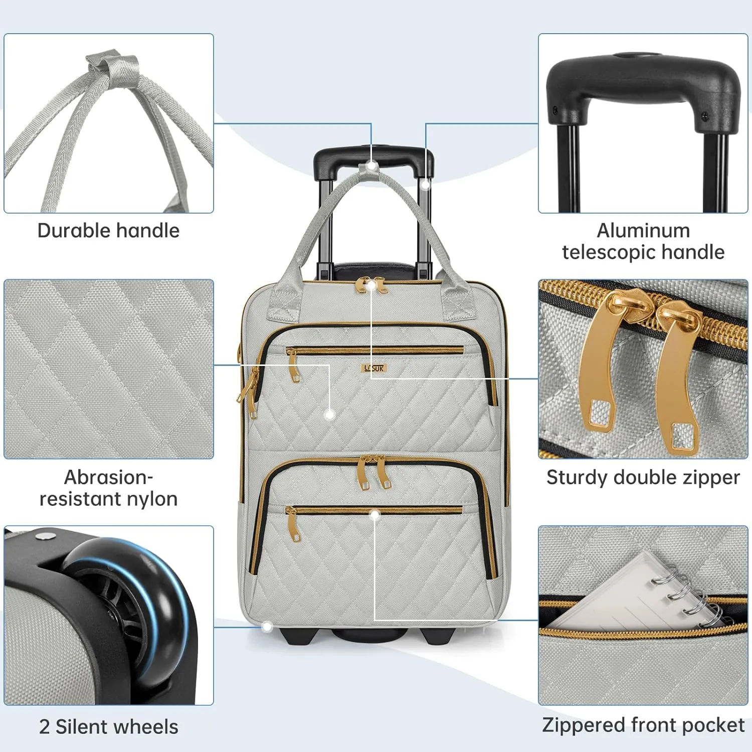 Underseat Carry On Luggage with Wheels, Stylish Lightweight Under Seat Luggage, Personal Item Suitcase with telescoping handles for Men Women, Pilots and Crew, Gray