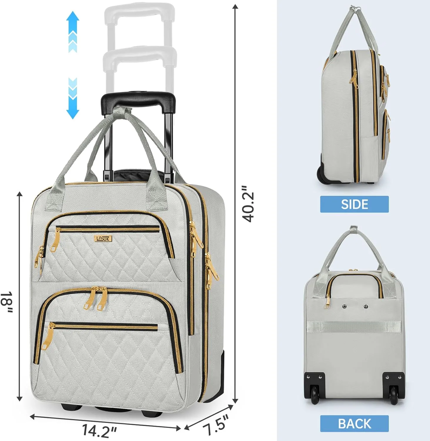 Underseat Carry On Luggage with Wheels, Stylish Lightweight Under Seat Luggage, Personal Item Suitcase with telescoping handles for Men Women, Pilots and Crew, Gray