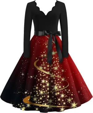 UOFOCO Christmas Dress Long Sleeve V Neck Womens Cocktail Pleated Prom Dresses with Belt 2024 Winter Holiday Clothes