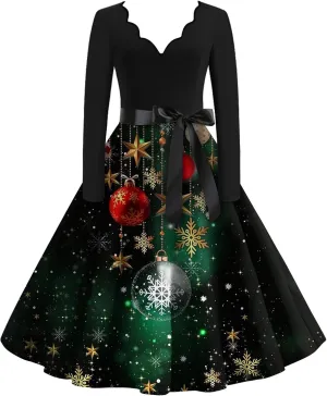 UOFOCO Christmas Dress Long Sleeve V Neck Womens Cocktail Pleated Prom Dresses with Belt 2024 Winter Holiday Clothes