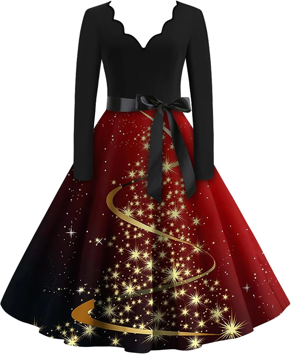 UOFOCO Christmas Dress Long Sleeve V Neck Womens Cocktail Pleated Prom Dresses with Belt 2024 Winter Holiday Clothes