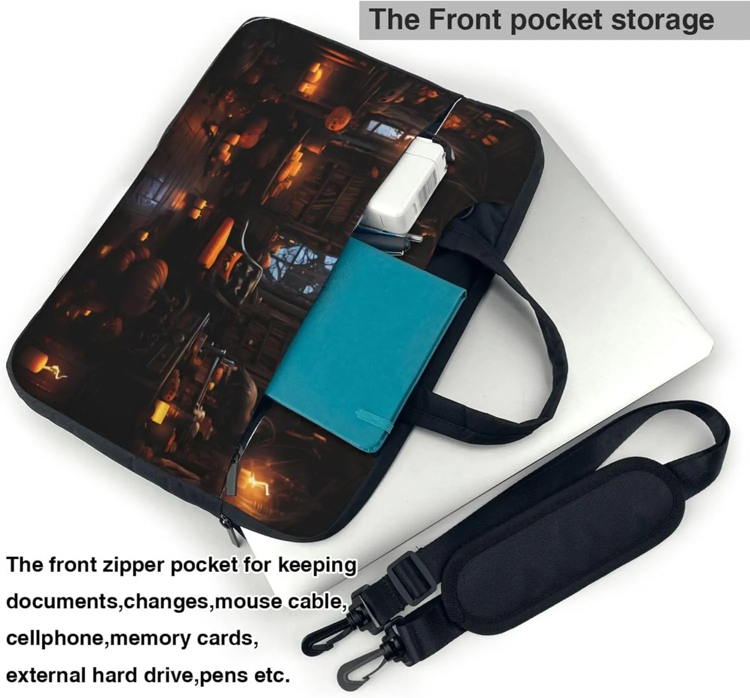 Vintage Bookshelf Laptop Shoulder Bag for Women, Halloween Painted Laptop Sleeve Case Durable Computer Bag