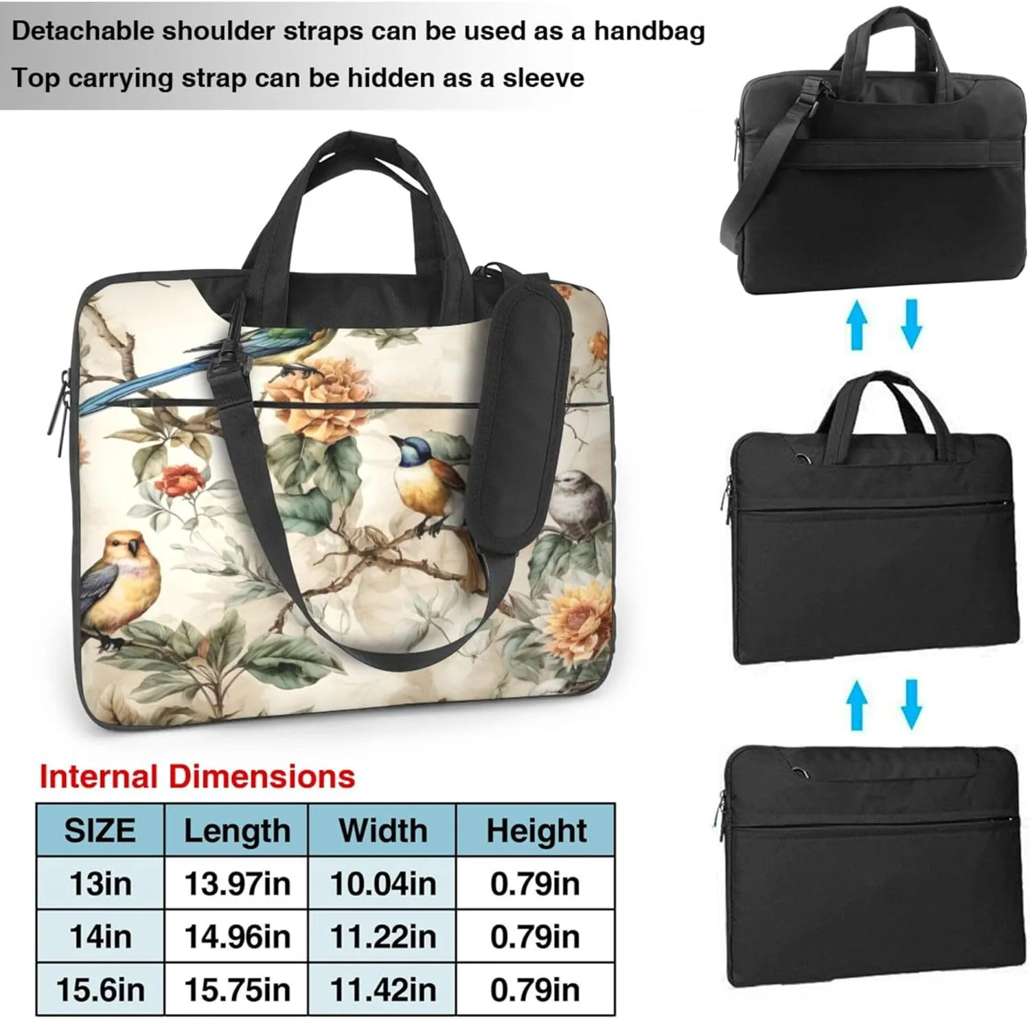 Vintage Hummingbird Flower Butterfly Laptop Shoulder Bag for Women, Laptop Sleeve Case Durable Computer Bag