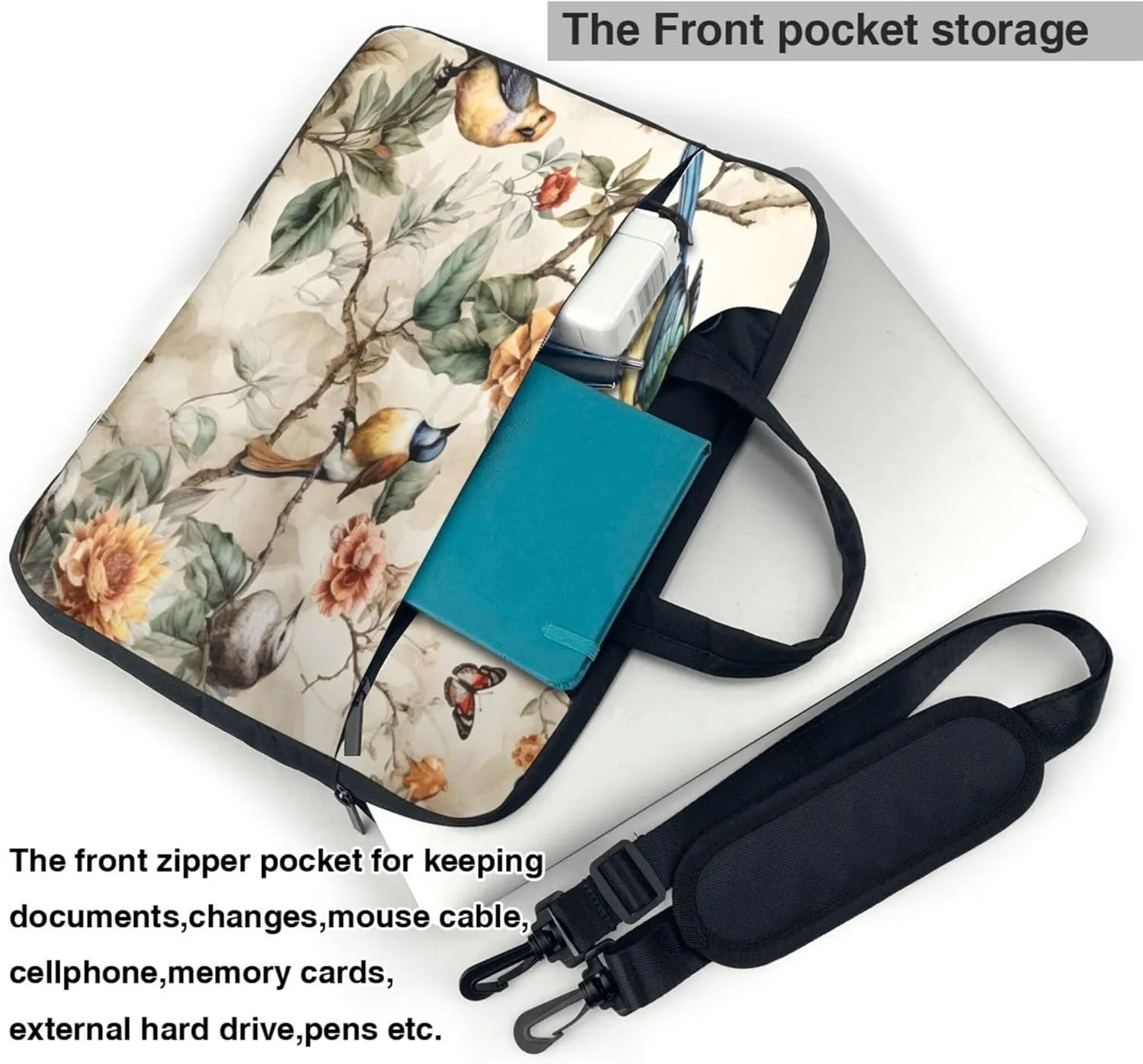 Vintage Hummingbird Flower Butterfly Laptop Shoulder Bag for Women, Laptop Sleeve Case Durable Computer Bag