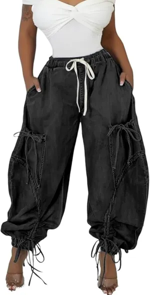 Voghtic Women's Baggy Y2K Elastic Waisted Jeans Bow-Knot Drawstring Pull-On Cargo Denim Pants Harem Pants Streetwear