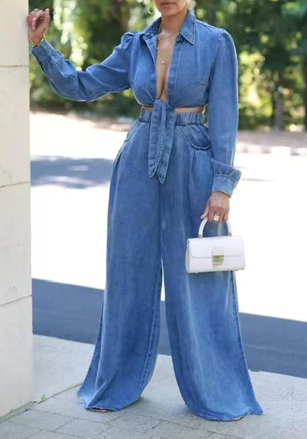 Voghtic Women's Sexy Denim 2 Pieces Outfits Fall Long Sleeve v Neck Crop Lace-Up Shirt Wide Leg Pants Matching Sets