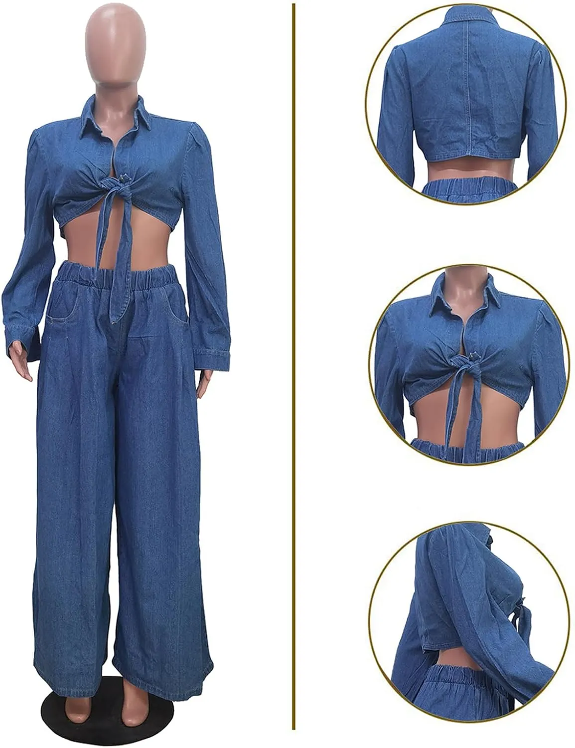 Voghtic Women's Sexy Denim 2 Pieces Outfits Fall Long Sleeve v Neck Crop Lace-Up Shirt Wide Leg Pants Matching Sets