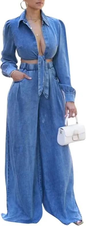 Voghtic Women's Sexy Denim 2 Pieces Outfits Fall Long Sleeve v Neck Crop Lace-Up Shirt Wide Leg Pants Matching Sets