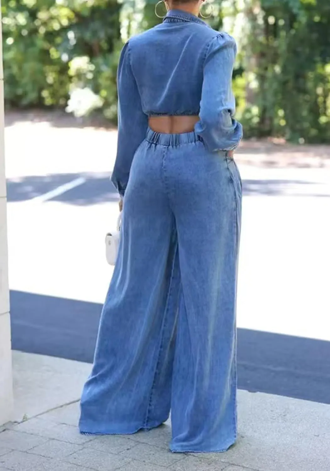 Voghtic Women's Sexy Denim 2 Pieces Outfits Fall Long Sleeve v Neck Crop Lace-Up Shirt Wide Leg Pants Matching Sets