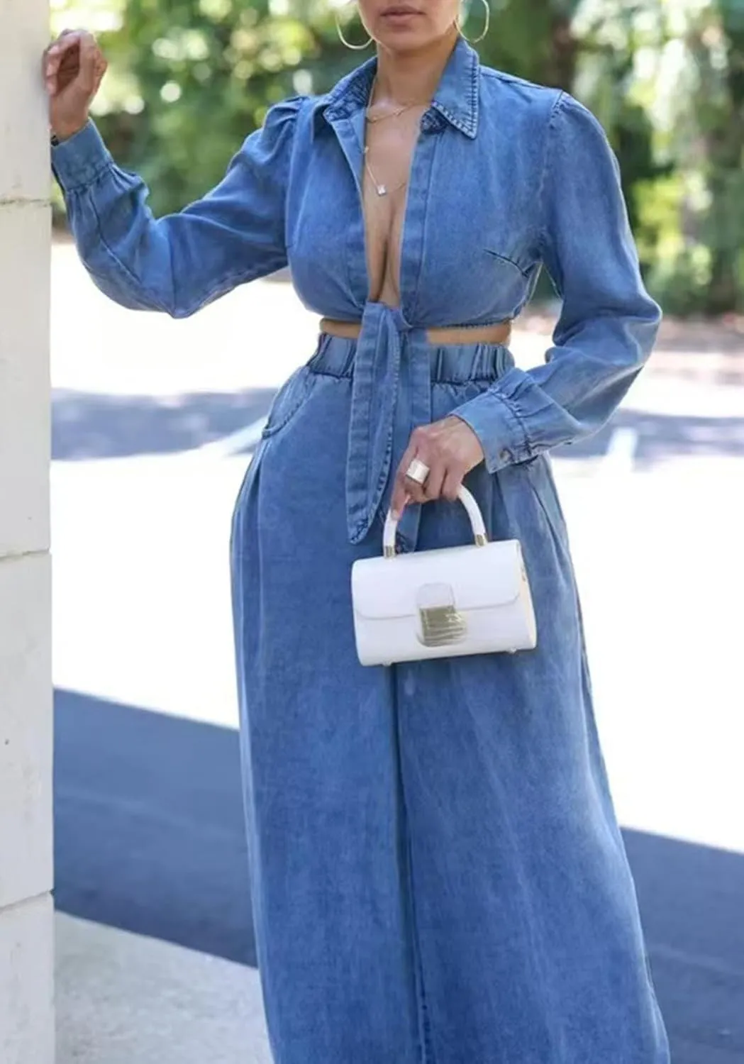Voghtic Women's Sexy Denim 2 Pieces Outfits Fall Long Sleeve v Neck Crop Lace-Up Shirt Wide Leg Pants Matching Sets