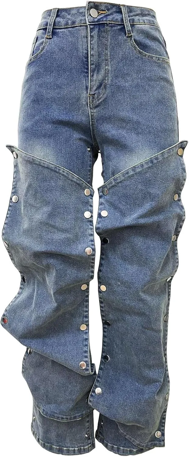 Voghtic Womens y2k Detachable Patchwork Irregular Boyfriend Cargo Jeans High Waisted Straight Leg Denim Pants Streetwear