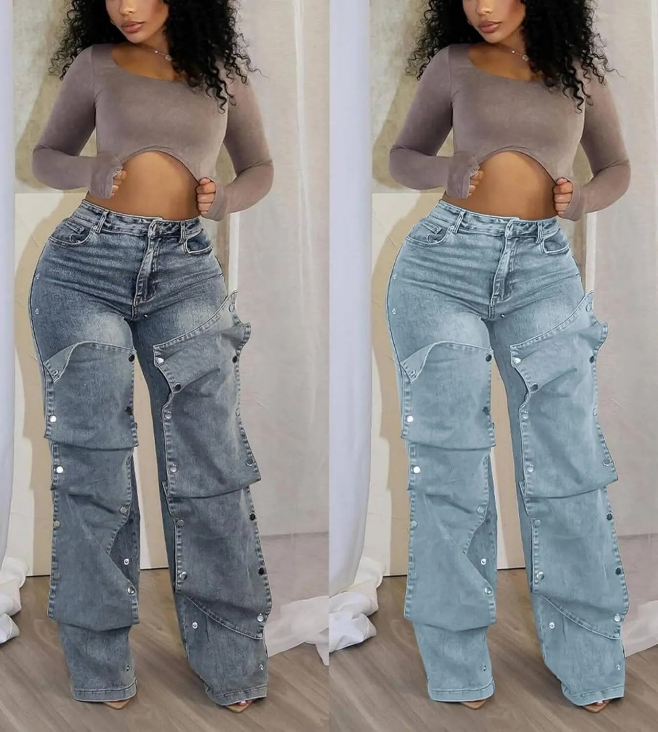 Voghtic Womens y2k Detachable Patchwork Irregular Boyfriend Cargo Jeans High Waisted Straight Leg Denim Pants Streetwear