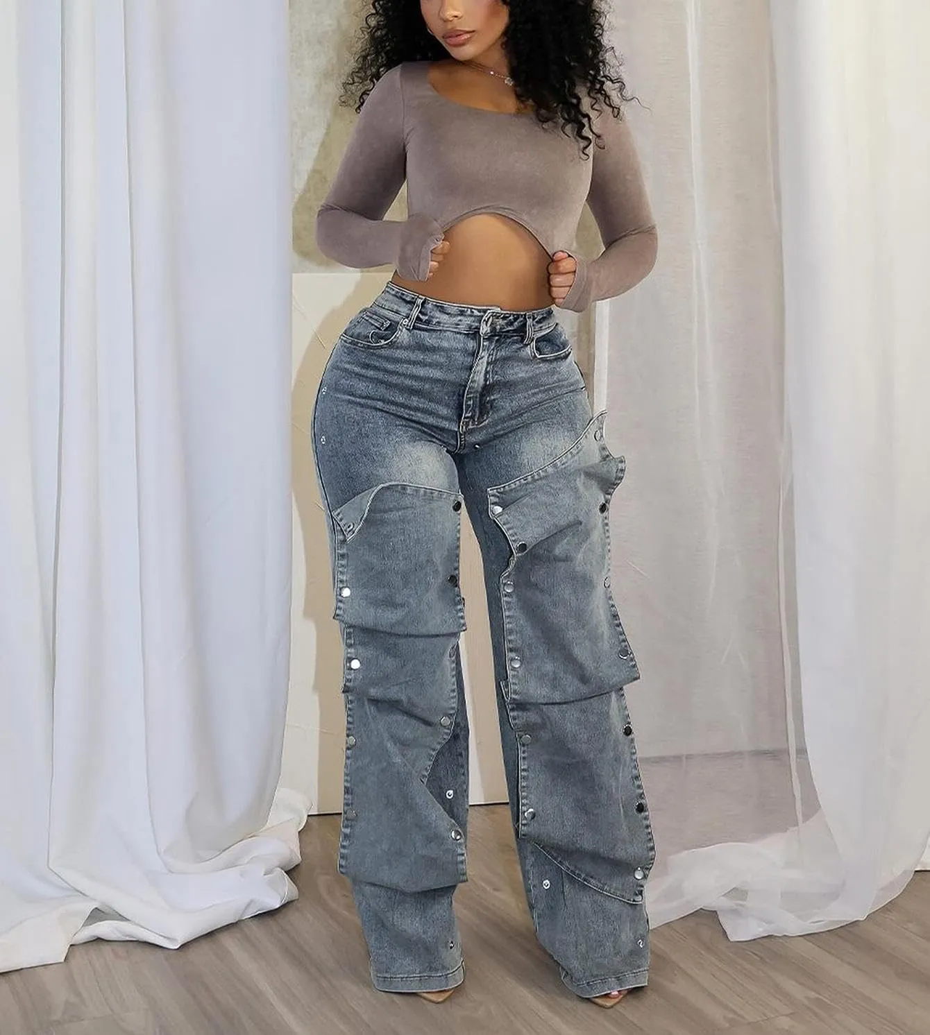 Voghtic Womens y2k Detachable Patchwork Irregular Boyfriend Cargo Jeans High Waisted Straight Leg Denim Pants Streetwear