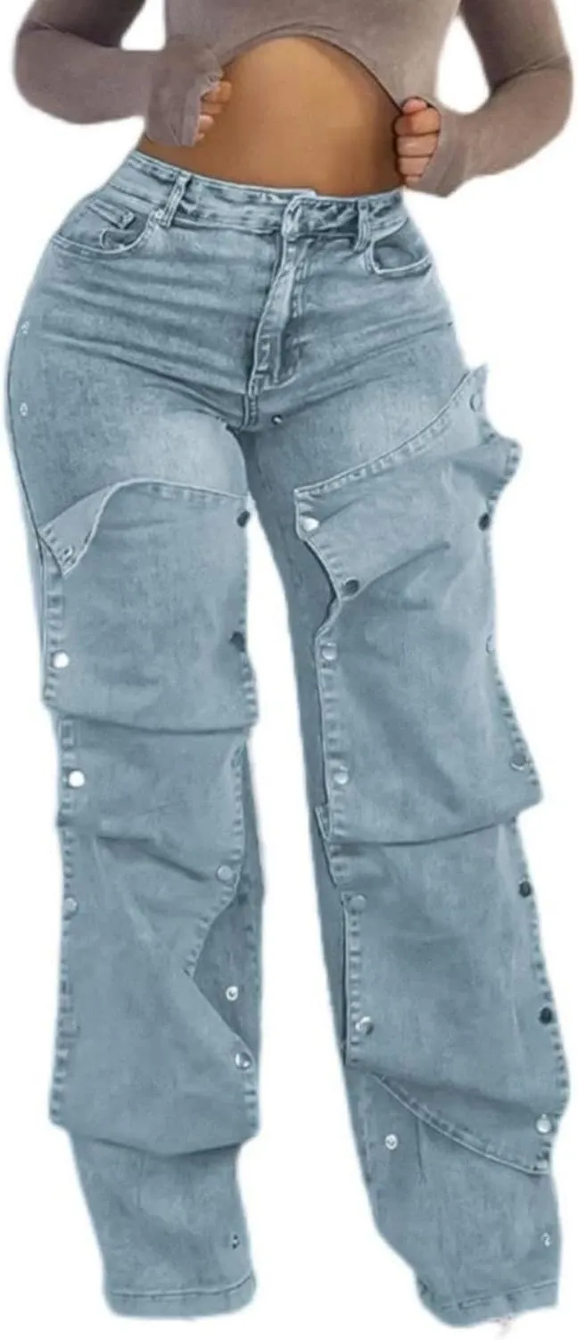 Voghtic Womens y2k Detachable Patchwork Irregular Boyfriend Cargo Jeans High Waisted Straight Leg Denim Pants Streetwear