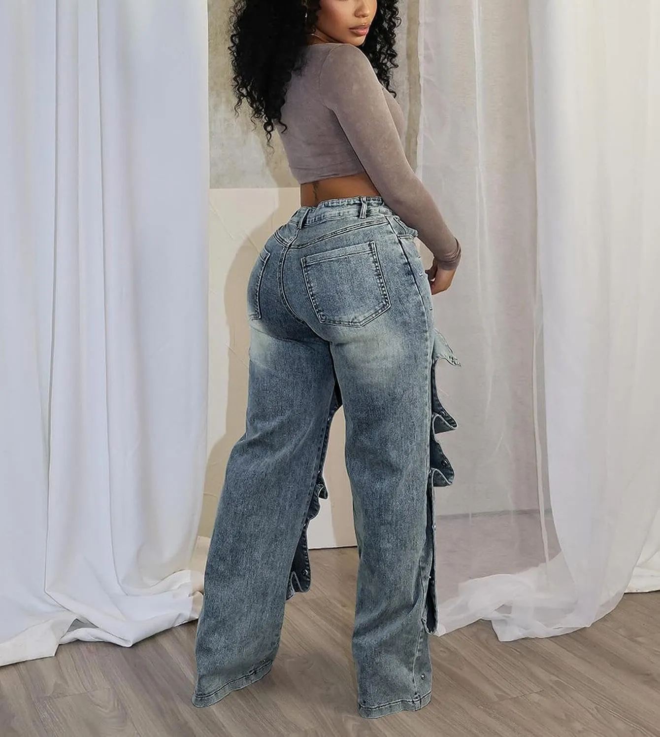 Voghtic Womens y2k Detachable Patchwork Irregular Boyfriend Cargo Jeans High Waisted Straight Leg Denim Pants Streetwear