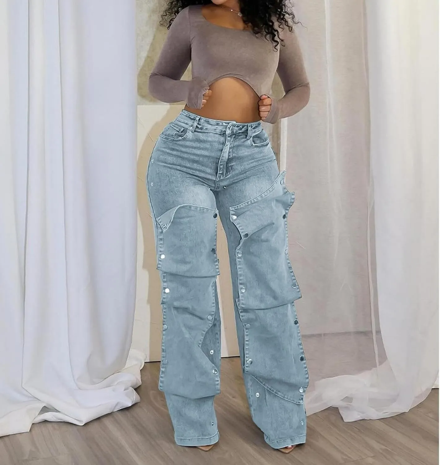 Voghtic Womens y2k Detachable Patchwork Irregular Boyfriend Cargo Jeans High Waisted Straight Leg Denim Pants Streetwear