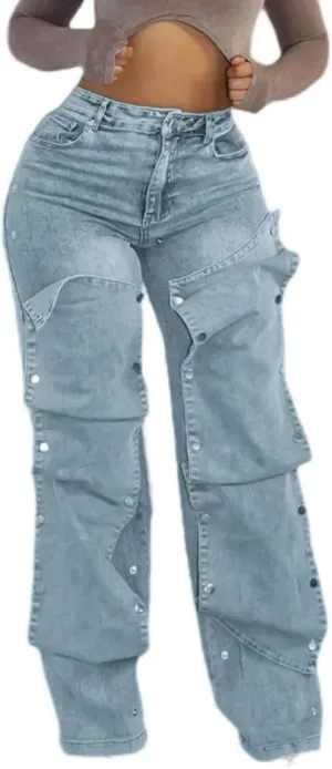 Voghtic Womens y2k Detachable Patchwork Irregular Boyfriend Cargo Jeans High Waisted Straight Leg Denim Pants Streetwear