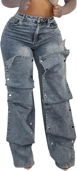Voghtic Womens y2k Detachable Patchwork Irregular Boyfriend Cargo Jeans High Waisted Straight Leg Denim Pants Streetwear