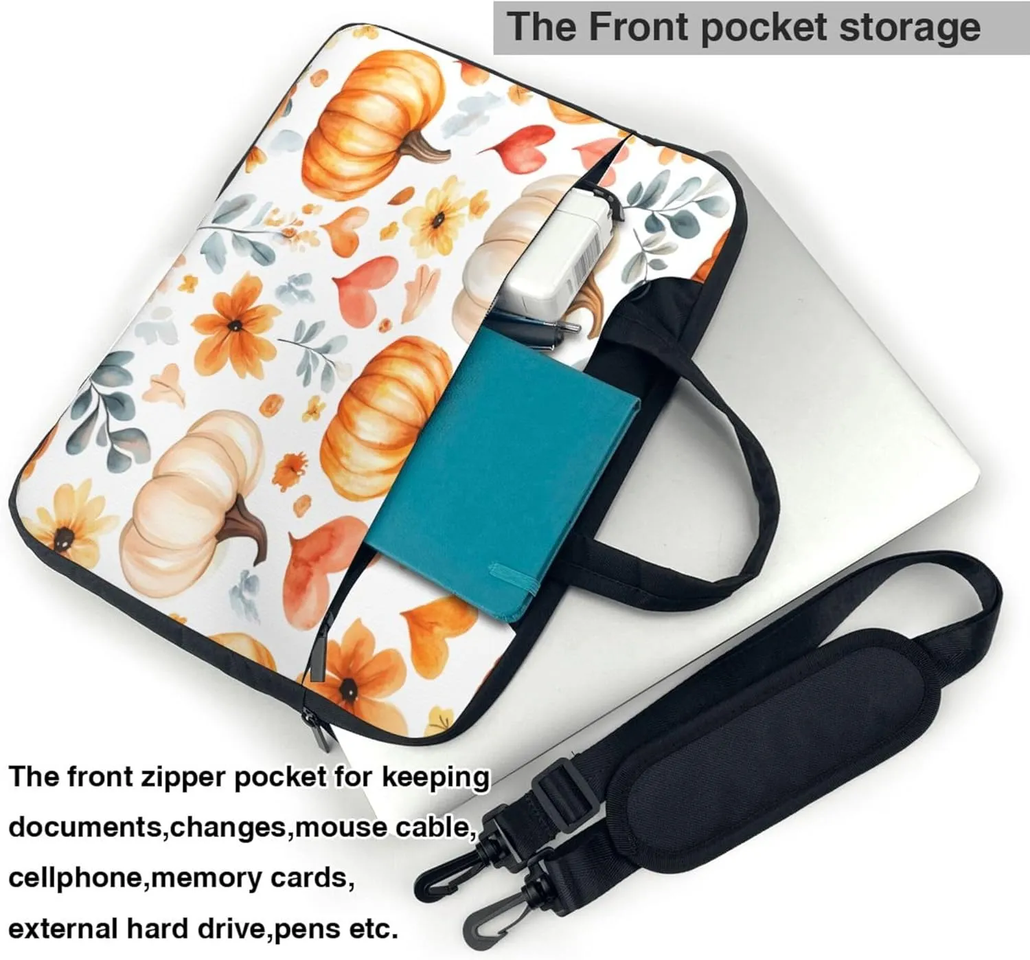 Watercolor Fall Pumpkins Flower Laptop Shoulder Bag for Women, Laptop Sleeve Case Durable Computer Bag