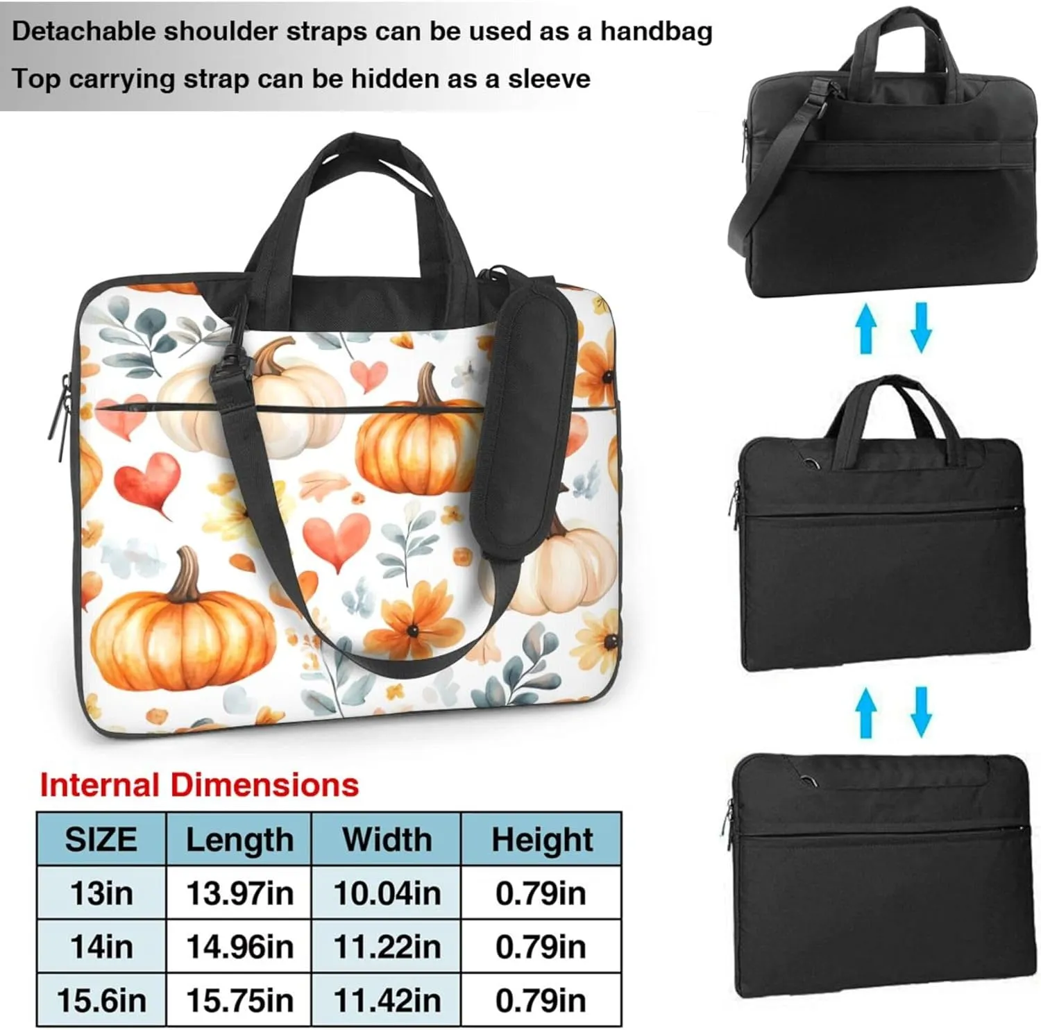 Watercolor Fall Pumpkins Flower Laptop Shoulder Bag for Women, Laptop Sleeve Case Durable Computer Bag