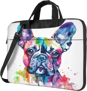Watercolor French Bulldog Laptop Shoulder Bag for Women, Dog Laptop Sleeve Case Durable Computer Bag