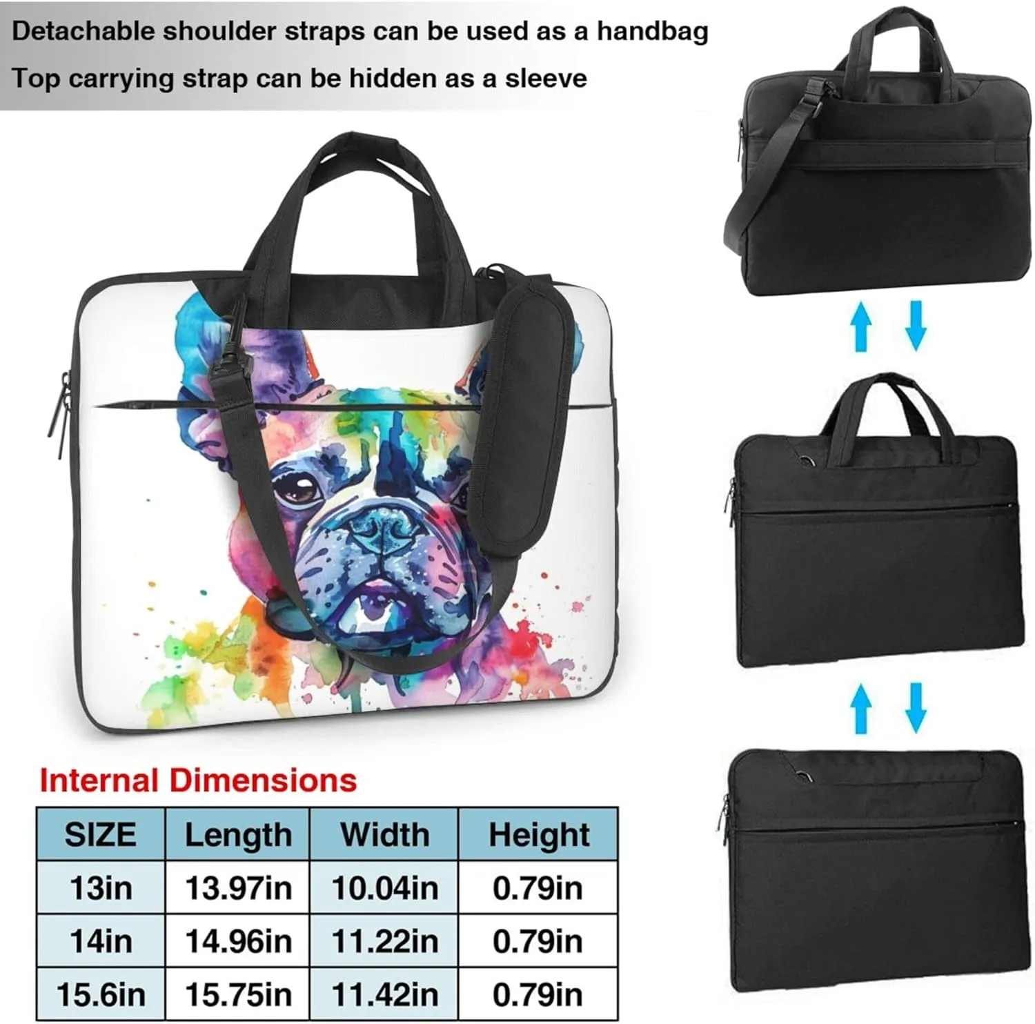 Watercolor French Bulldog Laptop Shoulder Bag for Women, Dog Laptop Sleeve Case Durable Computer Bag