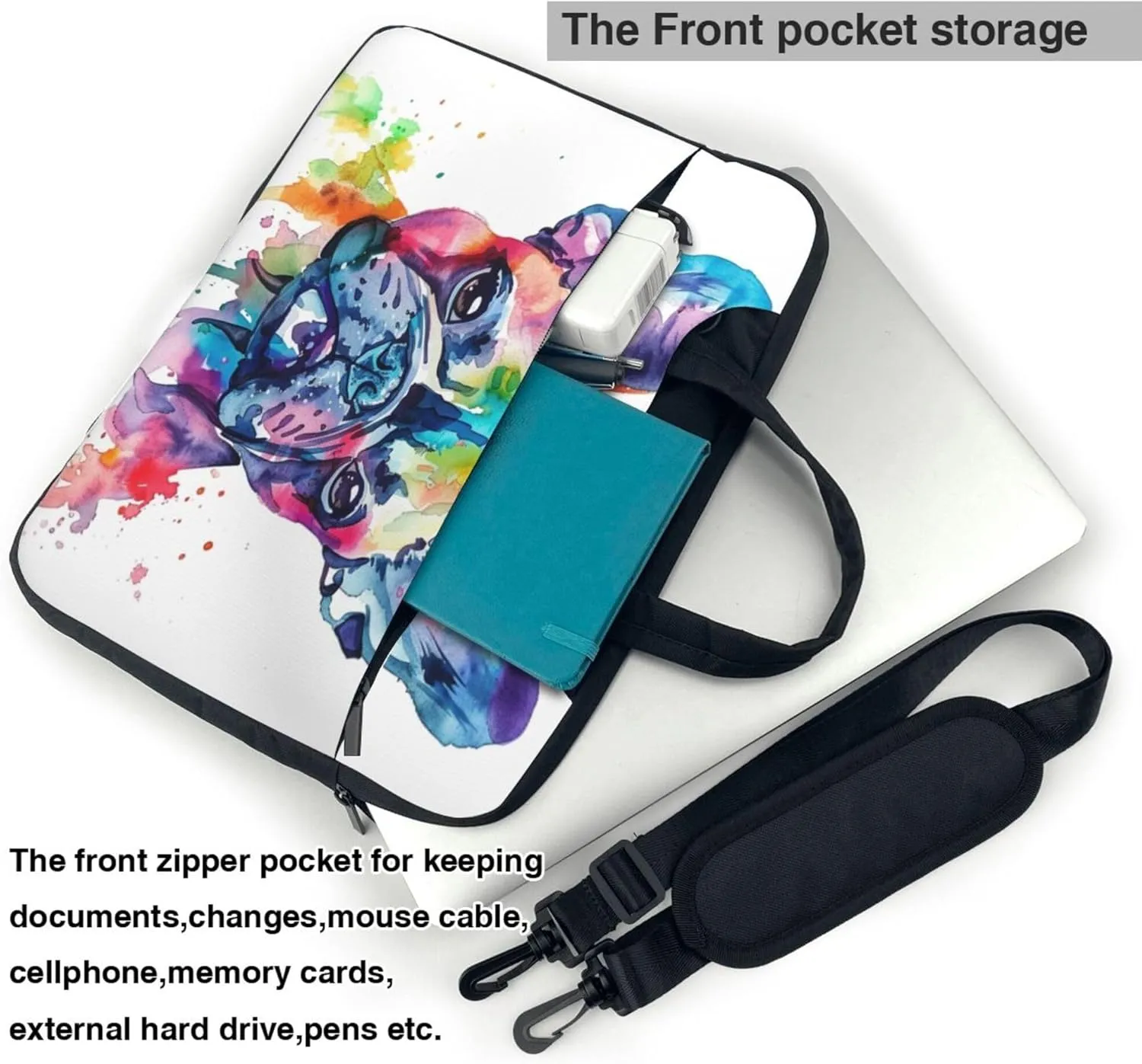 Watercolor French Bulldog Laptop Shoulder Bag for Women, Dog Laptop Sleeve Case Durable Computer Bag