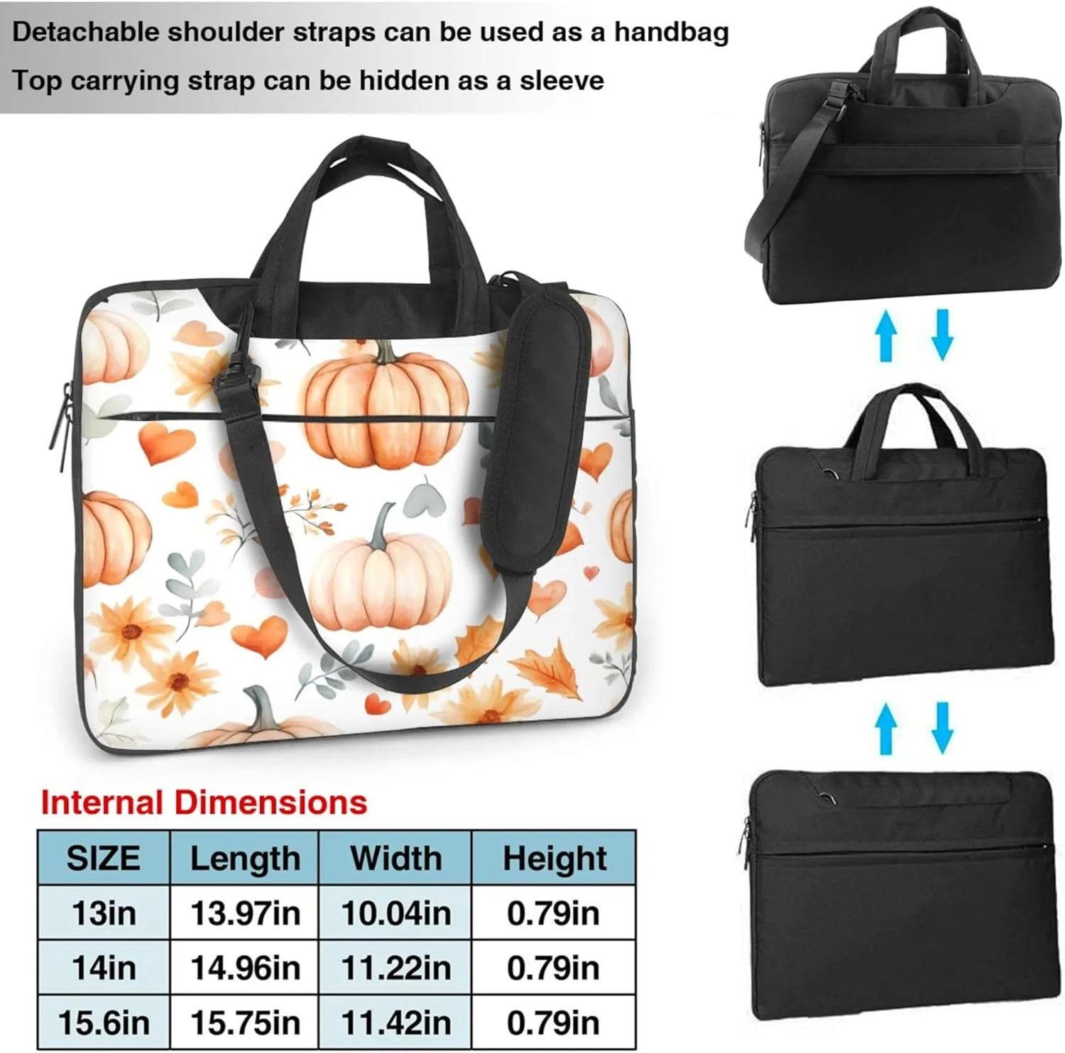 Watercolor Love Heart Pumpkins Laptop Shoulder Bag for Women, Laptop Sleeve Case Durable Computer Bag