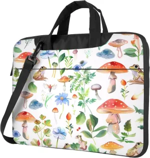 Watercolor Mushroom Laptop Shoulder Bag for Women, Frog Leaves Laptop Sleeve Case Durable Computer Bag